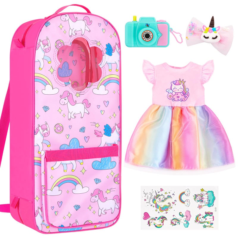 18INDC 18 Inch Doll Storage Bag 5PCS Unicorn Theme 18In Doll Accessories Set with Rainbow Dress Hair Clip Camera Stickers Fashion 18 Inch Dolls Carrier Bag Perfect for 18 Dolls - Image 3