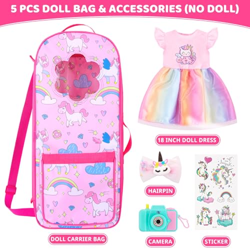 18INDC 18 Inch Doll Storage Bag 5PCS Unicorn Theme 18In Doll Accessories Set with Rainbow Dress Hair Clip Camera Stickers Fashion 18 Inch Dolls Carrier Bag Perfect for 18 Dolls - Image 5