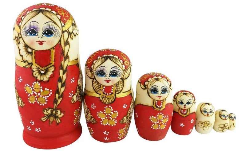 Winterworm Set of 7 7pcs Red Big Braid Montessori Nesting Dolls Russian Wooden Matryoshka Birthday Gifts Home Decoration Preschool Toy - Image 2