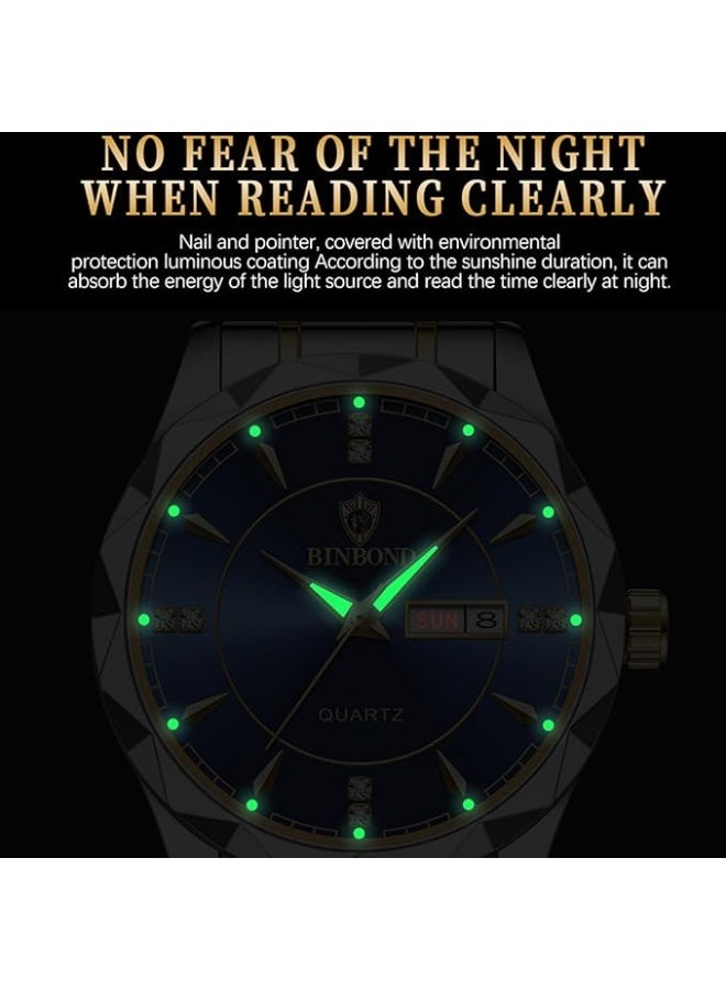 BINBOND His and Hers Matching Couple Watches Set - Stainless Steel Quartz Watch with Luminous Dial, Date Display, Water Resistant - Valentine's Day Gift for Couples (Black Band) - Image 5