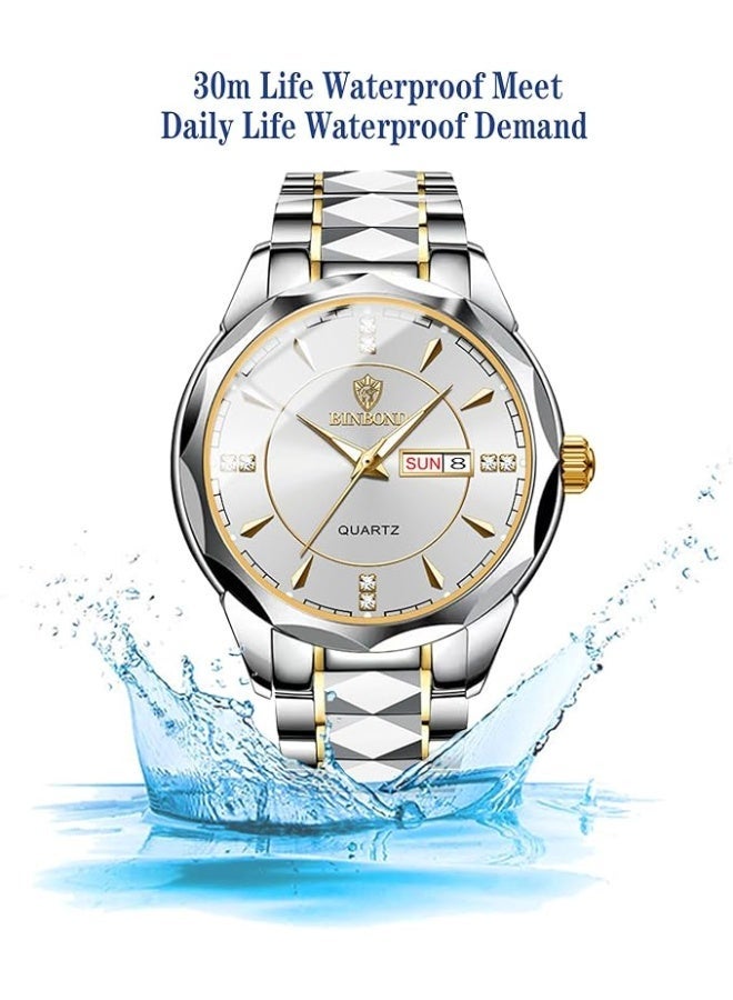 BINBOND His and Hers Matching Couple Watches Set - Stainless Steel Quartz Watch with Luminous Dial, Date Display, Water Resistant - Valentine's Day Gift for Couples (Black Band) - Image 4