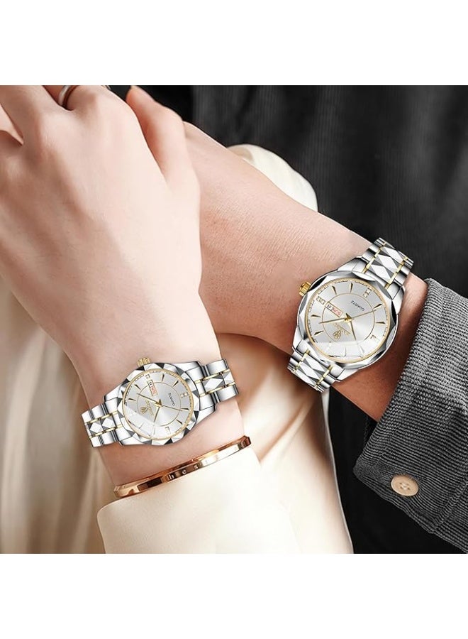 BINBOND His and Hers Matching Couple Watches Set - Stainless Steel Quartz Watch with Luminous Dial, Date Display, Water Resistant - Valentine's Day Gift for Couples (Black Band) - Image 3