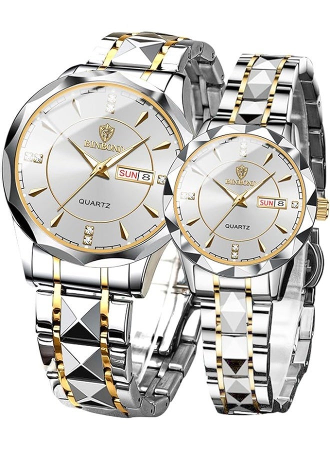 BINBOND His and Hers Matching Couple Watches Set - Stainless Steel Quartz Watch with Luminous Dial, Date Display, Water Resistant - Valentine's Day Gift for Couples (Black Band) - Image 1