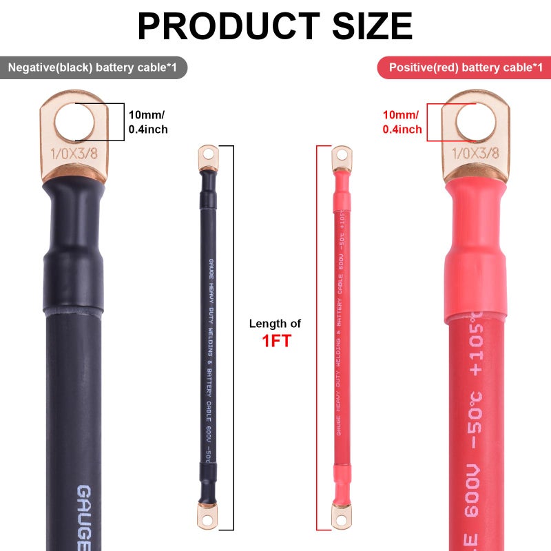 iGreely 1/0 AWG Battery Cable,Flexible 1/0 Gauge Wire Copper Welding Battery Power Inverter Cables with 3/8'' Lugs for Automotive Solar Trolling Motorcycle RV Marine Boat (Red + Black 1FT Pair) - Image 3