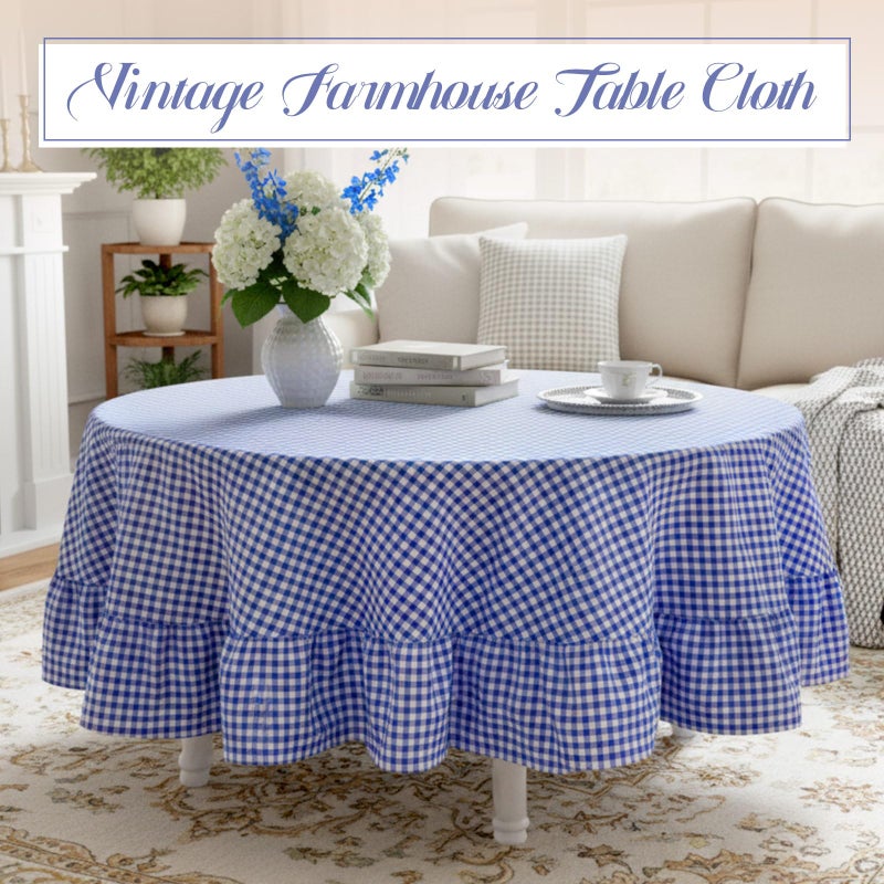 Mindsoft Blue Plaid Ruffled Table Cloth 70 x 70 Inches Cotton Linen Round Gingham Tablecloth Classic Farmhouse Vintage Checkered Table Cover Buffalo Plaid Decorative for Home Outdoor Holiday Party - Image 5