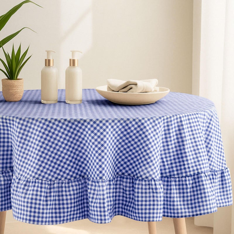 Mindsoft Blue Plaid Ruffled Table Cloth 70 x 70 Inches Cotton Linen Round Gingham Tablecloth Classic Farmhouse Vintage Checkered Table Cover Buffalo Plaid Decorative for Home Outdoor Holiday Party - Image 1