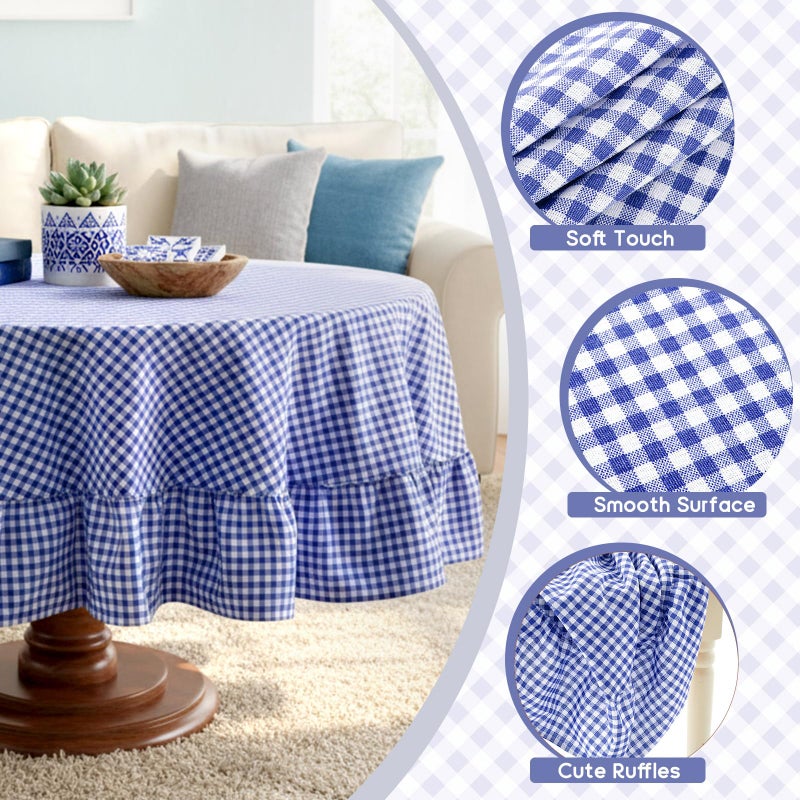 Mindsoft Blue Plaid Ruffled Table Cloth 70 x 70 Inches Cotton Linen Round Gingham Tablecloth Classic Farmhouse Vintage Checkered Table Cover Buffalo Plaid Decorative for Home Outdoor Holiday Party - Image 3