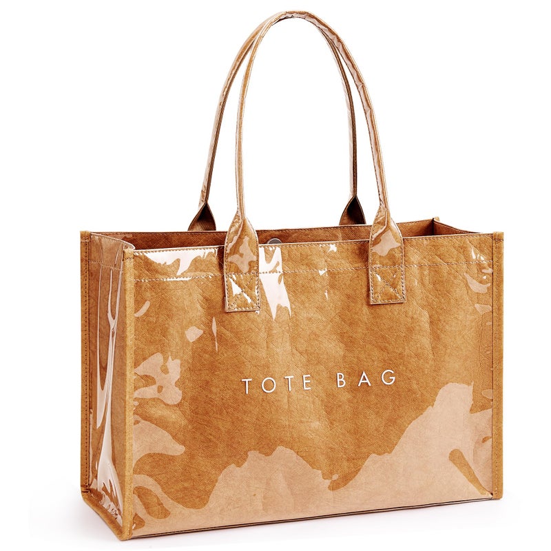 KALIDI FANCY FOREST KALIDI PVC Tote Bag Womenâ€™s Kraft Paper Work Handbags Purses with Top Handle,Brown - Image 1