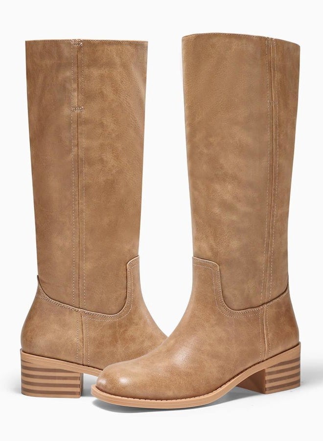 Coutgo Women's Knee High Boots Square Toe Chunky Low Heel Tall Boots Comfortable Wide Calf Shoes, Light Brown, 11 - Image 5