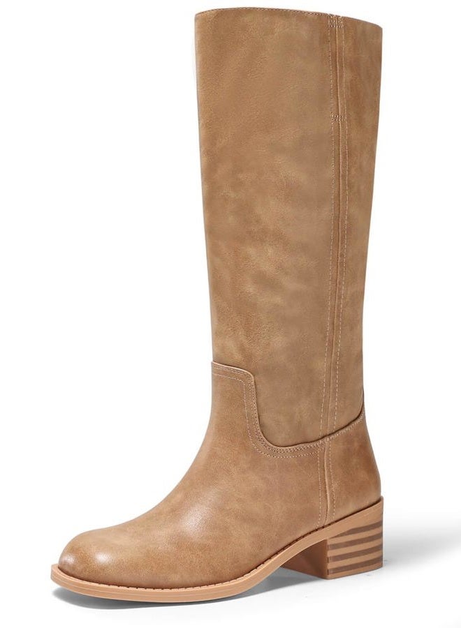 Coutgo Women's Knee High Boots Square Toe Chunky Low Heel Tall Boots Comfortable Wide Calf Shoes, Light Brown, 11 - Image 1