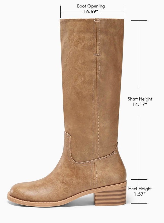 Coutgo Women's Knee High Boots Square Toe Chunky Low Heel Tall Boots Comfortable Wide Calf Shoes, Light Brown, 11 - Image 4
