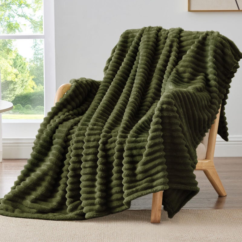BEDELITE Fleece Throw Blanket for Couch - 300GSM Soft & Warm Fluffy Olive Green Blanket, Decorative and Giftable Striped Blankets for Women, Men, 50"x60" - Image 1