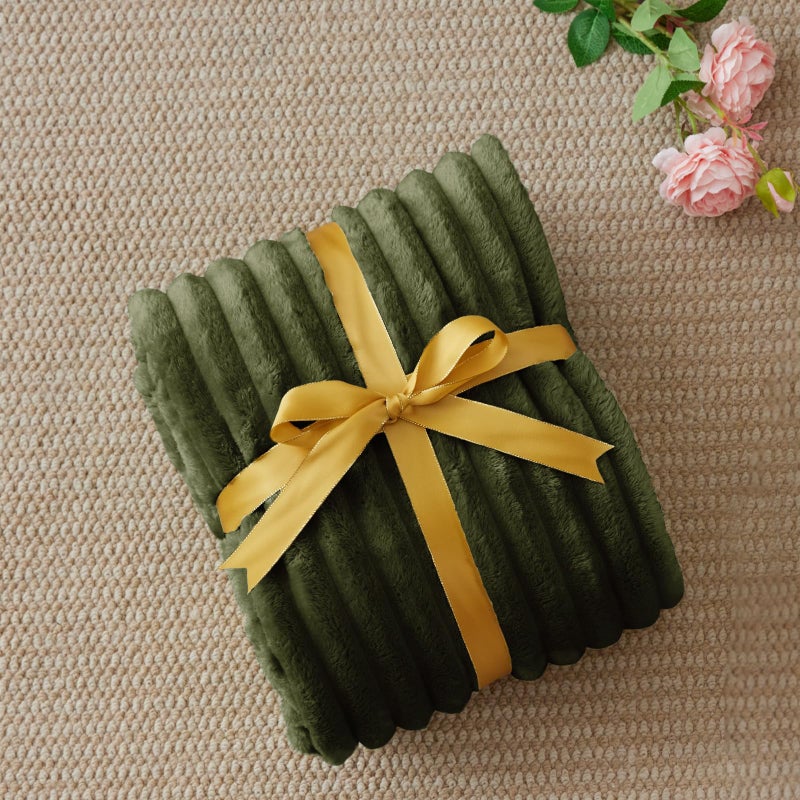 BEDELITE Fleece Throw Blanket for Couch - 300GSM Soft & Warm Fluffy Olive Green Blanket, Decorative and Giftable Striped Blankets for Women, Men, 50"x60" - Image 2