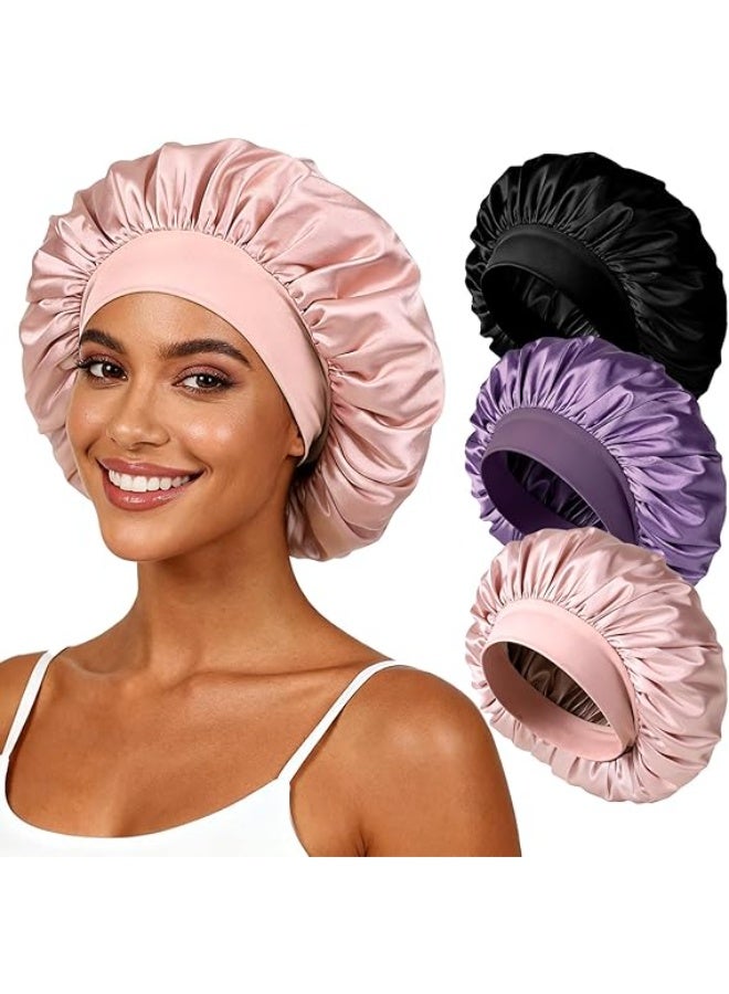 Merrystick 3Pcs Silk Bonnet for Sleeping, Satin Hair Bonnets, Soft Elastic Band Silk Sleep Cap, Hair Wrap for Women(Black&Pink&Purple) - Image 1