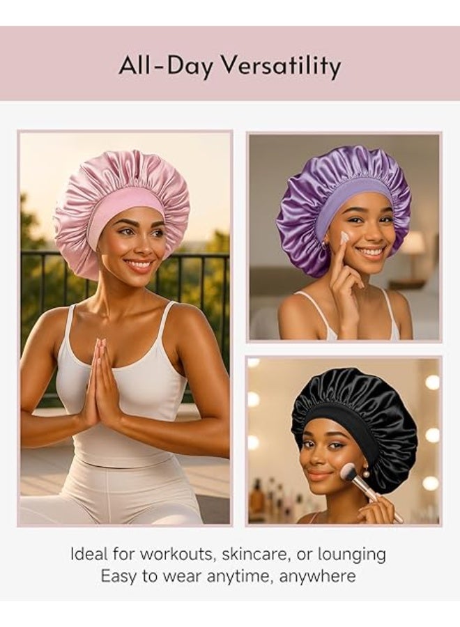 Merrystick 3Pcs Silk Bonnet for Sleeping, Satin Hair Bonnets, Soft Elastic Band Silk Sleep Cap, Hair Wrap for Women(Black&Pink&Purple) - Image 4