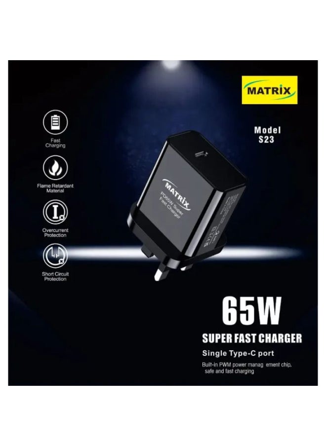 MATRIX Matrix Super Fast Wall Charger with Single Type-C Port - 65 W - Black - S23  - Image 2