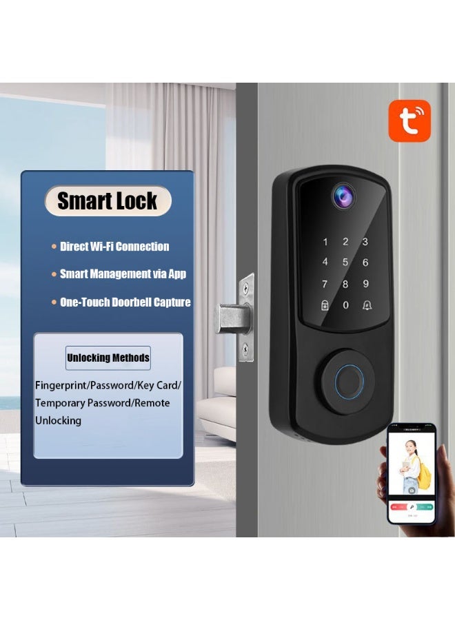 أقفال ذكية للباب الأمامي، قفل باب ببصمة الإصبع للدخول بدون مفتاح، قفل ذكي بلوحة مفاتيح إلكترونية مع خاصية التحكم بالتطبيق، مع كاميرا جرس الباب، رمز مرور لأقفال الأبواب الذكية للأمن المنزلي - Image 1