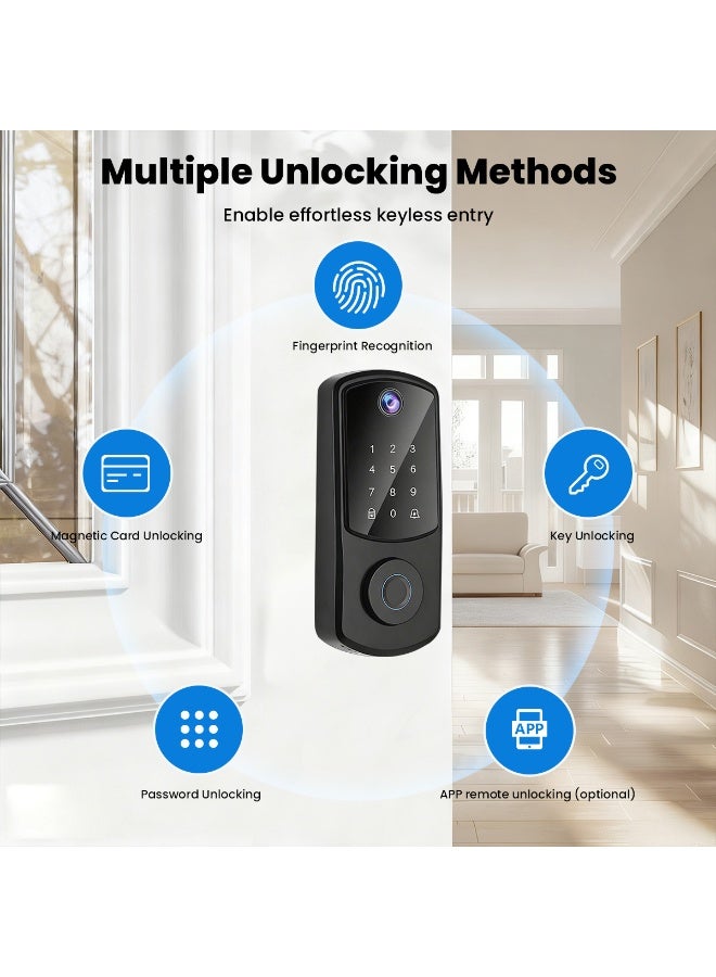أقفال ذكية للباب الأمامي، قفل باب ببصمة الإصبع للدخول بدون مفتاح، قفل ذكي بلوحة مفاتيح إلكترونية مع خاصية التحكم بالتطبيق، مع كاميرا جرس الباب، رمز مرور لأقفال الأبواب الذكية للأمن المنزلي - Image 2