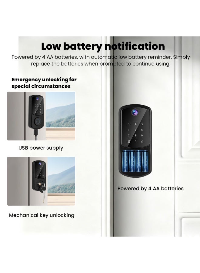 أقفال ذكية للباب الأمامي، قفل باب ببصمة الإصبع للدخول بدون مفتاح، قفل ذكي بلوحة مفاتيح إلكترونية مع خاصية التحكم بالتطبيق، مع كاميرا جرس الباب، رمز مرور لأقفال الأبواب الذكية للأمن المنزلي - Image 5