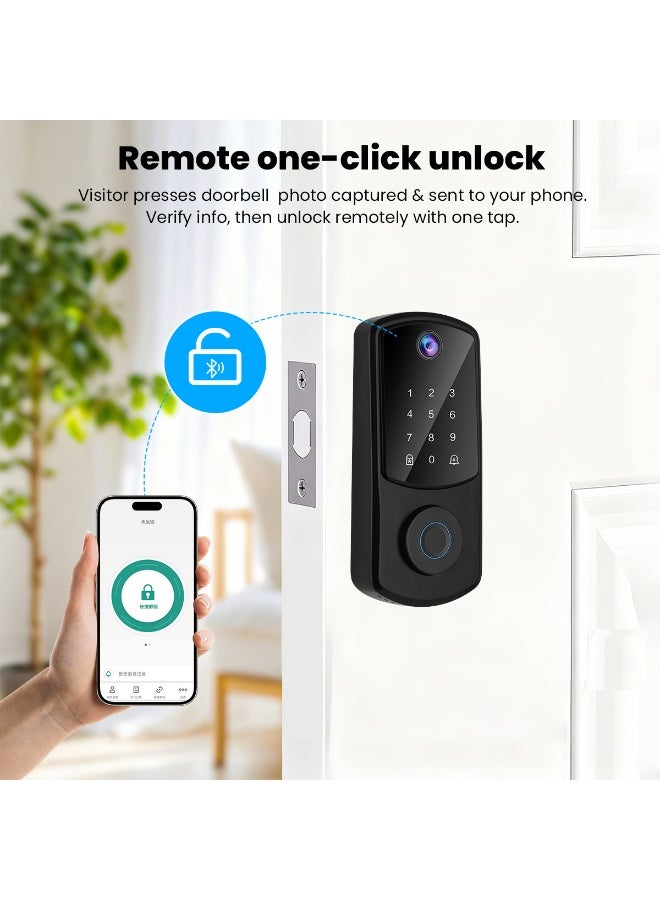 أقفال ذكية للباب الأمامي، قفل باب ببصمة الإصبع للدخول بدون مفتاح، قفل ذكي بلوحة مفاتيح إلكترونية مع خاصية التحكم بالتطبيق، مع كاميرا جرس الباب، رمز مرور لأقفال الأبواب الذكية للأمن المنزلي - Image 4