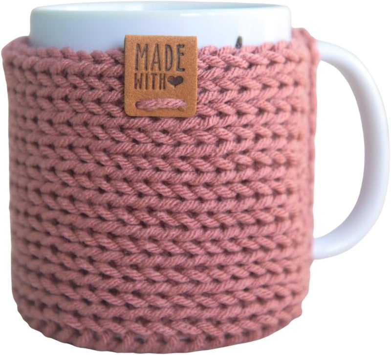 Simply Hooked Mug Cozy Sleeve with Coaster, Knit Cup Cozies for Hot Coffee and Tea, Fits 11oz Mugs, Stocking Stuffer for Women, Pink - Image 1