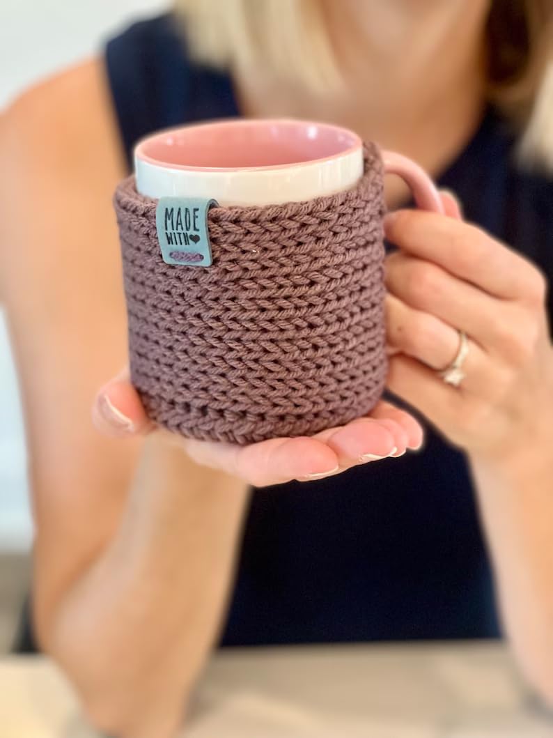 Simply Hooked Mug Cozy Sleeve with Coaster, Knit Cup Cozies for Hot Coffee and Tea, Fits 11oz Mugs, Stocking Stuffer for Women, Pink - Image 2
