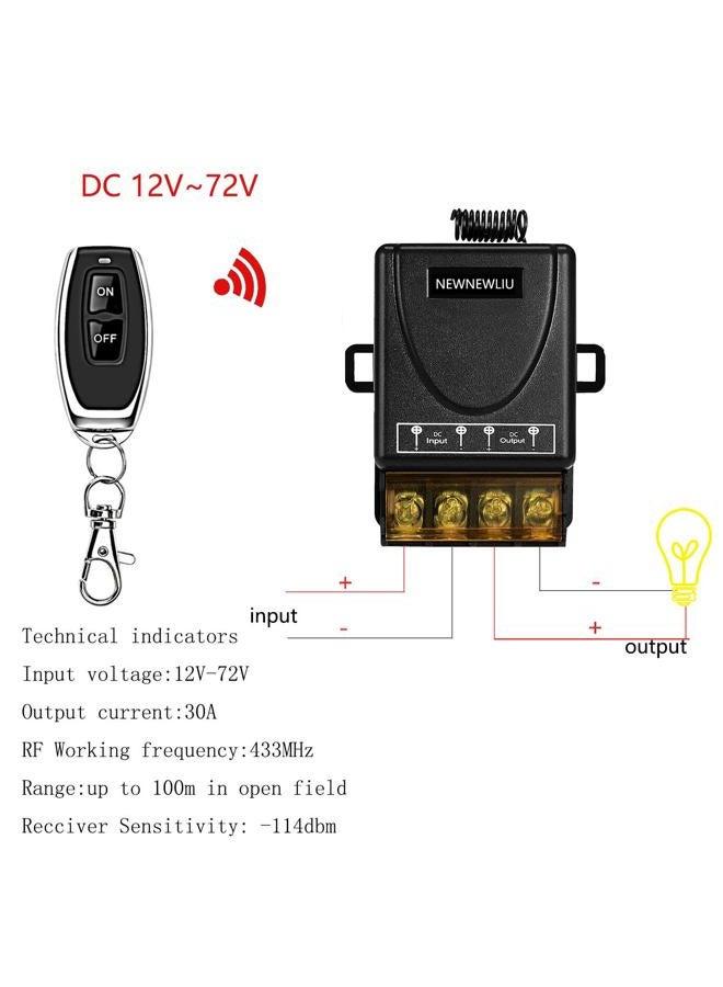 NEWNEWLIU مفتاح تحكم عن بُعد لاسلكي 12 فولت، ريلاي DC12V/24V/48V/72V/30A، مفتاح تحكم عن بُعد، تحكم RF عن بُعد مع مدى طويل يصل إلى 328 قدم لجميع أنواع المحركات الكهربائية والمراوح والمصابيح وأبواب اللف. - Image 3