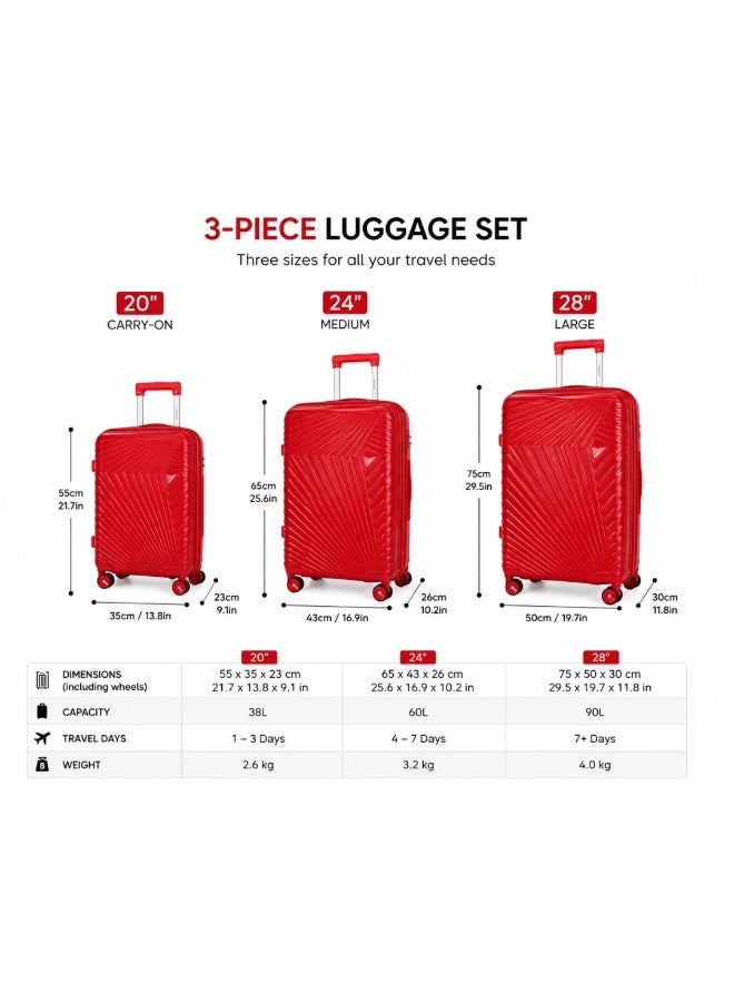 VELMORE 3 Piece Polypropylene Hard Side Luggage Set - Lightweight Spinner Suitcases with 360° Wheels | Durable Trolley Bags for Secure Travel (Small, Medium, Large) - Red - Image 2