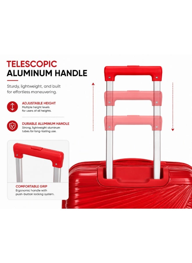 VELMORE 3 Piece Polypropylene Hard Side Luggage Set - Lightweight Spinner Suitcases with 360° Wheels | Durable Trolley Bags for Secure Travel (Small, Medium, Large) - Red - Image 4