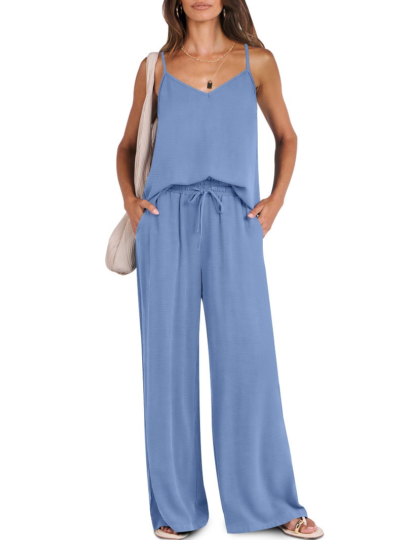 Caracilia 2 Piece Sets for Women Summer Travel Outfits Lounge Tank Top Wide Leg Pants Set 2026 Beach Vacation Clothes Blue Small - Image 1