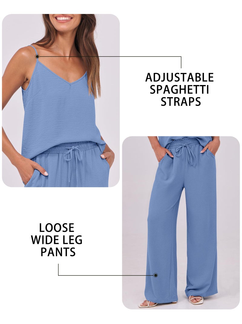 Caracilia 2 Piece Sets for Women Summer Travel Outfits Lounge Tank Top Wide Leg Pants Set 2026 Beach Vacation Clothes Blue Small - Image 5