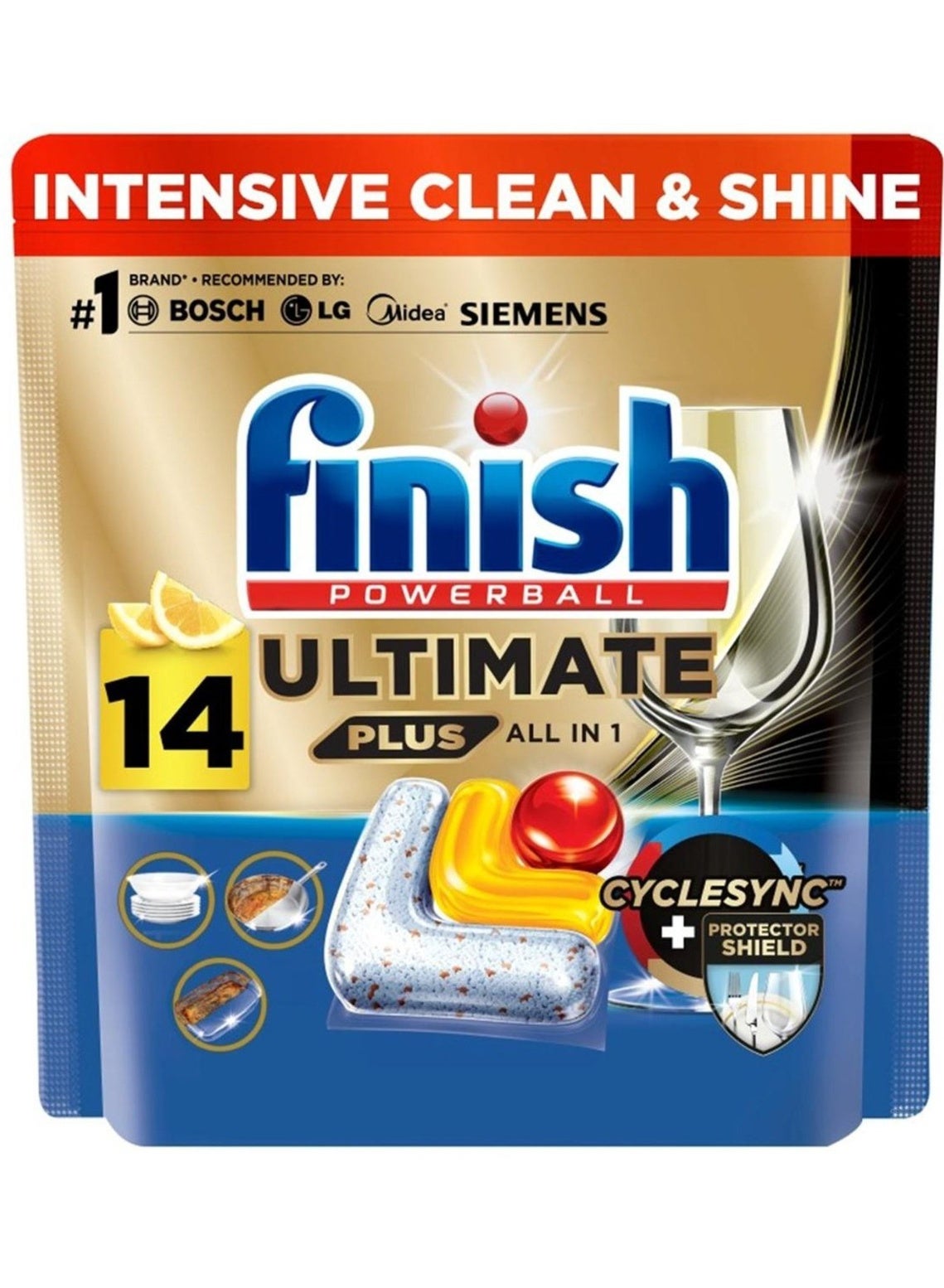 Finish Powerball Ultimate Plus Dishwasher Detergent All In 1 Lemon Scent 14 Pcs