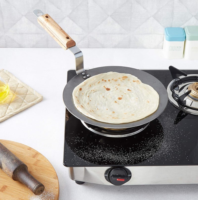 Brand - Solimo Solimo Iron Concave Tawa 25 cm Tava for RotiChappatiNaan with Strong Wooden Handle Black 100 ToxinFree Naturally NonStick Long Lasting - Image 3