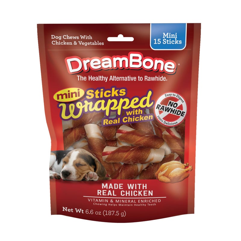 DreamBone Mini Sticks Wrapped With Real Chicken, Rawhide Free Dog Chew Sticks, 15 Count - Image 1