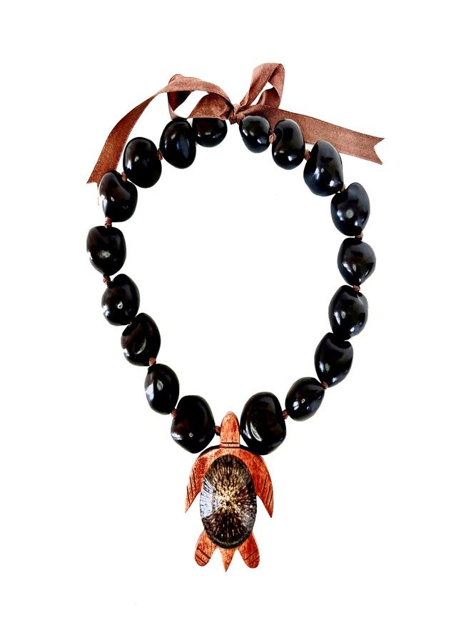 Zero Gravity Hawaii Hawaiian Jewelry 20" Brown Kukui Nut Choker Lei Necklace with Opihi Shell on Koa Wood Turtle Honu - Image 1