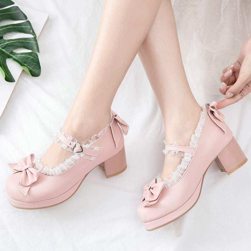 LUXMAX Women Kawaii Mid Block Heel Mary Jane Rockabilly Pumps with Bow Platform Chunky Heel Cute Sweet Shoes, Size 7 M US,Pink - Image 2