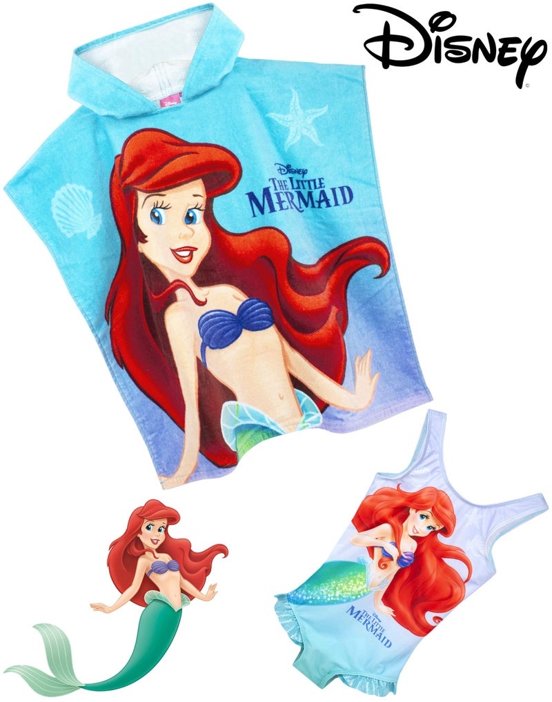 Disney The Little Mermaid Girl's Swimsuit & Hooded Towel Poncho Set 3-4 Years Blue - Image 3