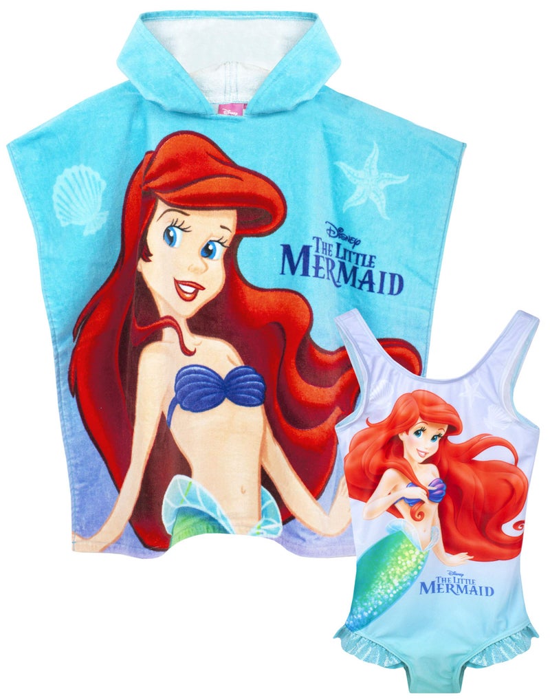 Disney The Little Mermaid Girl's Swimsuit & Hooded Towel Poncho Set 3-4 Years Blue - Image 1