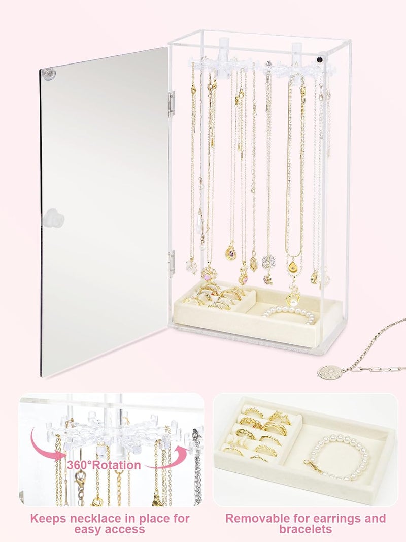 Cirhy Necklace Holder Organizer, Acrylic Jewelry Organizer, Rotating Clear Necklaces Display Box with Built-in Mirror, Dust-proof Jewelry Storage Case with Velvet Tray, Great Gift for Women Girls - Image 3