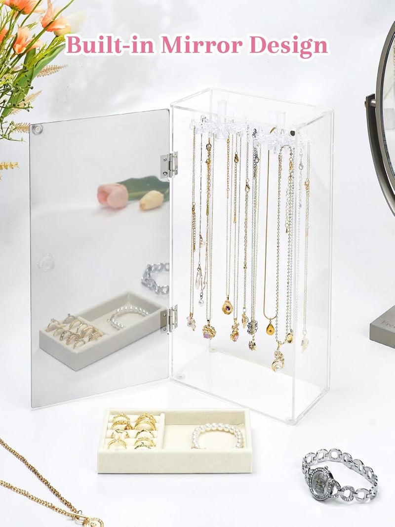 Cirhy Necklace Holder Organizer, Acrylic Jewelry Organizer, Rotating Clear Necklaces Display Box with Built-in Mirror, Dust-proof Jewelry Storage Case with Velvet Tray, Great Gift for Women Girls - Image 2