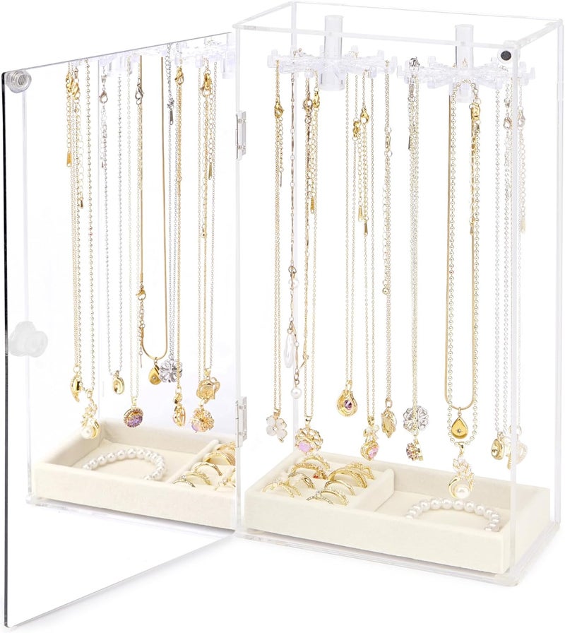 Cirhy Necklace Holder Organizer, Acrylic Jewelry Organizer, Rotating Clear Necklaces Display Box with Built-in Mirror, Dust-proof Jewelry Storage Case with Velvet Tray, Great Gift for Women Girls - Image 1