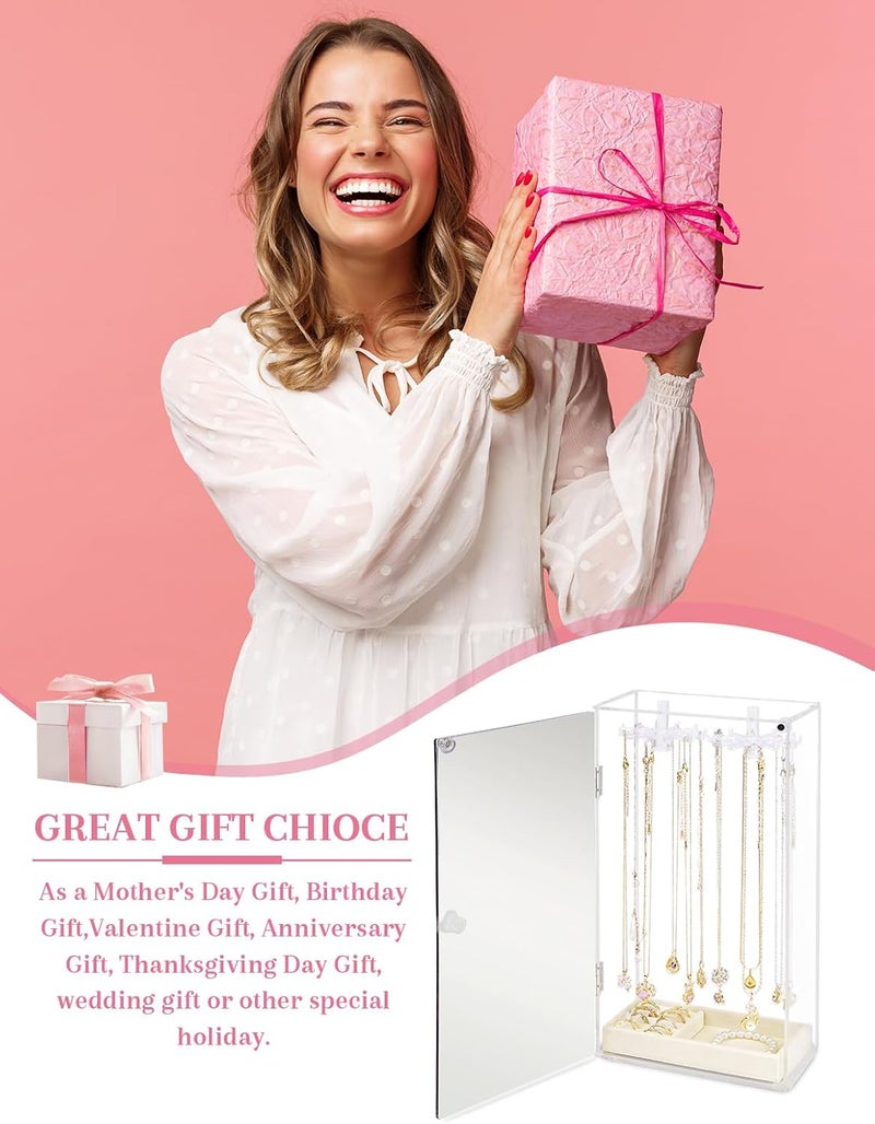 Cirhy Necklace Holder Organizer, Acrylic Jewelry Organizer, Rotating Clear Necklaces Display Box with Built-in Mirror, Dust-proof Jewelry Storage Case with Velvet Tray, Great Gift for Women Girls - Image 5