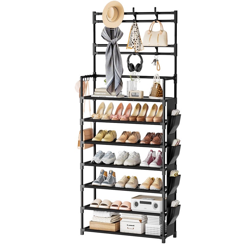 Shoe Rack 7 Tier Shoe Organizer Storage 2128 Pairs Closet Shoes Rack for Front Door Entrance Shoe Rack Organizer with Hooks Side Pocket Entryway Large Capacity Shoe Shelf Tower Garage