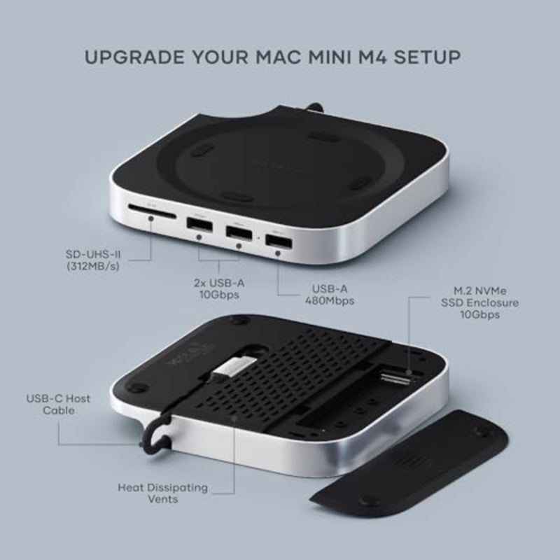Mac Mini M4 Hub and Stand with NVMe SSD Enclosure, Dock with 2 USB-A Up to 10Gbps Ports, USB-A Data Port, SD Card Reader for Mac Mini M4, M4 Pro, Optimized Self-Cooling - Silver - Image 2
