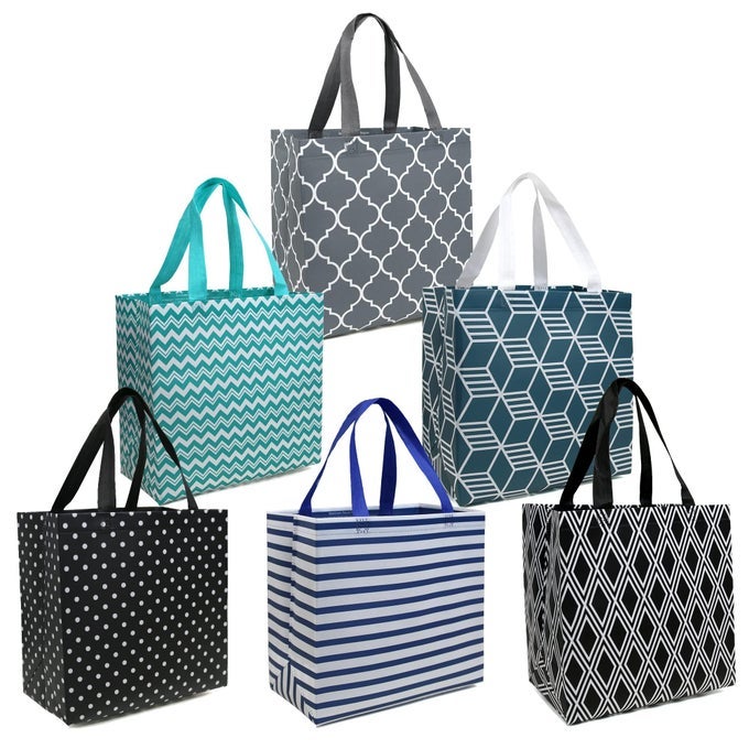 6PACK FOLDABLE REUSABLE GROCERY BAGS LARGE CLOTH TOTE BAG WITH HANDLES BULK SHOPPING BAGS IN GEOMETRIC DESIGN SHOPPING BASKETS UTILITY REUSABLE GIFT FOR GROCERIES