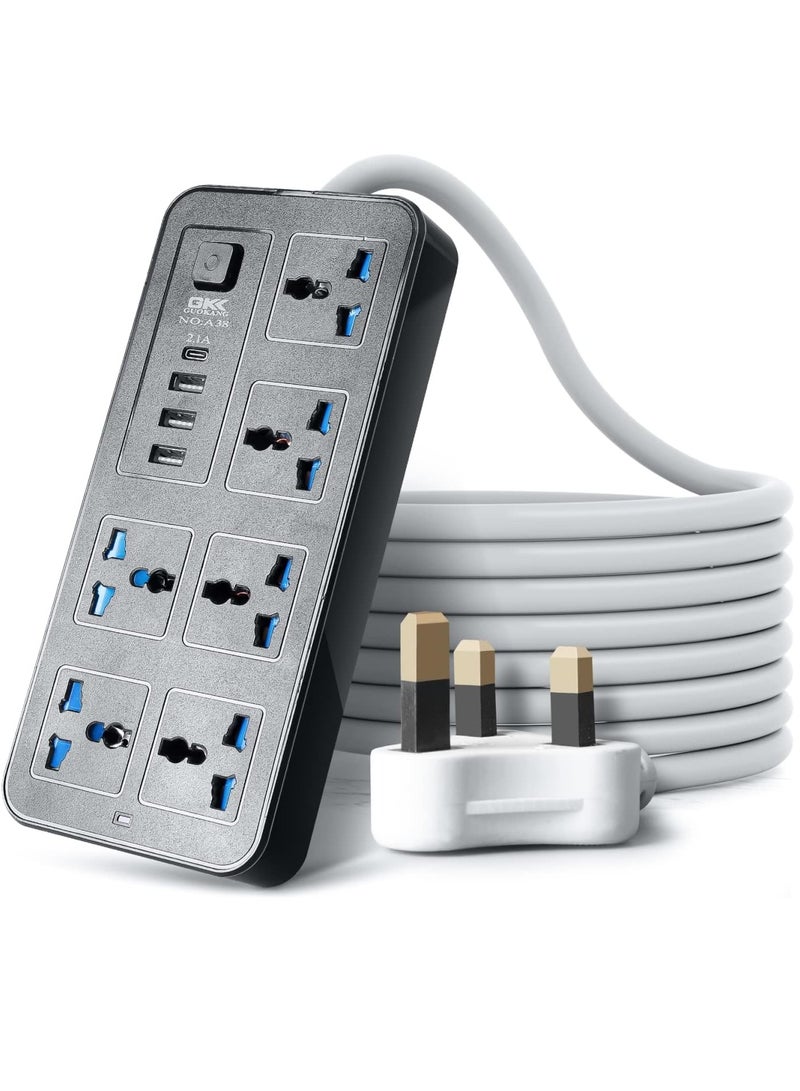 VIUAUAX Universal Extension Lead with Multiple Function,UK Plug 3 Pin Socket Outlet with 6 Gang | 3 USB Port | 1 Type-C Port,2M Electric Socket Mains Strip for Home,Kitchen,and Office Black - Image 1