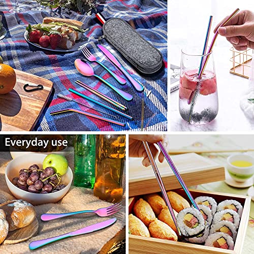 KITOME Portable Utensils, Travel Camping Cutlery Set, 8-Piece Including Knife Fork Spoon Chopsticks Cleaning Brush Straws Portable Case, Stainless Steel Flatware Set (Rainbow) - Image 5