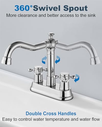 Aolemi 4 Inch Centerset Bathroom Sink Faucet Vintage 2 Cross Handle RV Mixer Tap Basin Vanity Lavatory Utility for Sink 3 Hole Include Hoses Pop Up Drain Faucet Handle Without Label Polish Chrome - Image 3