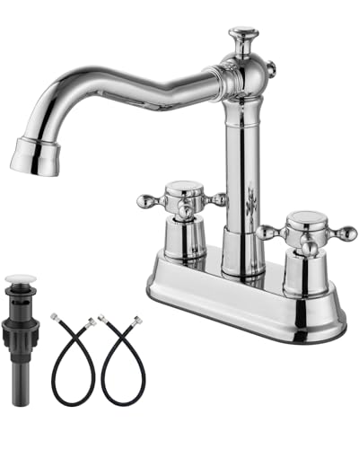 Aolemi 4 Inch Centerset Bathroom Sink Faucet Vintage 2 Cross Handle RV Mixer Tap Basin Vanity Lavatory Utility for Sink 3 Hole Include Hoses Pop Up Drain Faucet Handle Without Label Polish Chrome - Image 1