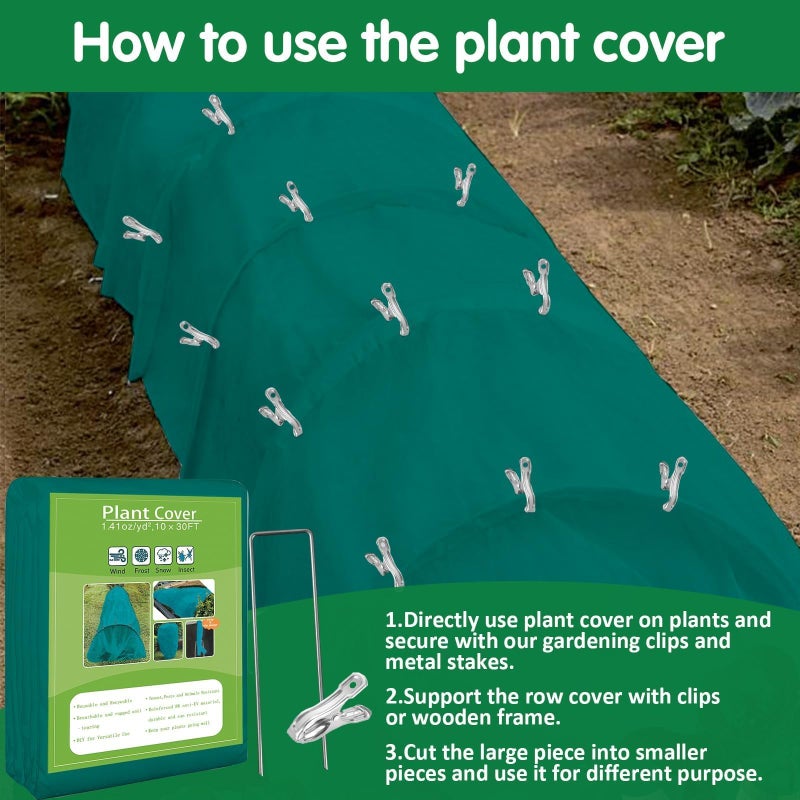 kockuu Plant Covers Freeze Protection, 10ft x 30ft 1.41 oz/ydÂ² Frost Cloth Plant Blankets Floating Row Covers with 20 Stainless Steel Clips for Winter Plants Gardens Frost/Sun Pests Protection, Dark Green - Image 4